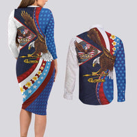 American Samoa and United States Semiquincentennial Couples Matching Long Sleeve Bodycon Dress and Long Sleeve Button Shirt Bald Eagle with National Flag Style LT03 - Polynesian Pride