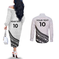 Custom Fijian Rugby Couples Matching Off The Shoulder Long Sleeve Dress and Long Sleeve Button Shirt Tapa Pattern and Palm Tree Tribal LT03 - Polynesian Pride