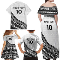 Custom Fijian Rugby Family Matching Off Shoulder Maxi Dress and Hawaiian Shirt Tapa Pattern and Palm Tree Tribal