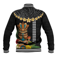 Hawaii Plumeria Lei Baseball Jacket Tiki and Kakau Pattern Black Color