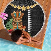 Hawaii Plumeria Lei Beach Blanket Tiki and Kakau Pattern Black Color