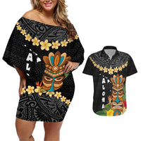 Hawaii Plumeria Lei Couples Matching Off Shoulder Short Dress and Hawaiian Shirt Tiki and Kakau Pattern Black Color LT03 Black - Polynesian Pride