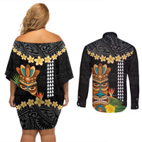 Hawaii Plumeria Lei Couples Matching Off Shoulder Short Dress and Long Sleeve Button Shirt Tiki and Kakau Pattern Black Color