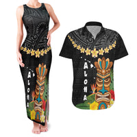 Hawaii Plumeria Lei Couples Matching Tank Maxi Dress and Hawaiian Shirt Tiki and Kakau Pattern Black Color