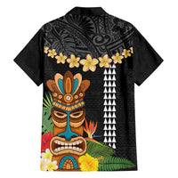 Hawaii Plumeria Lei Family Matching Long Sleeve Bodycon Dress and Hawaiian Shirt Tiki and Kakau Pattern Black Color
