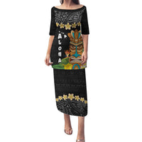 Hawaii Plumeria Lei Family Matching Puletasi and Hawaiian Shirt Tiki and Kakau Pattern Black Color