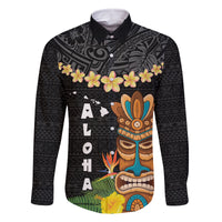 Hawaii Plumeria Lei Family Matching Tank Maxi Dress and Hawaiian Shirt Tiki and Kakau Pattern Black Color