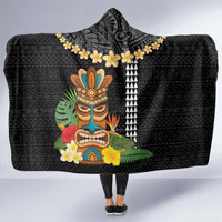 Hawaii Plumeria Lei Hooded Blanket Tiki and Kakau Pattern Black Color