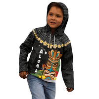 Hawaii Plumeria Lei Kid Hoodie Tiki and Kakau Pattern Black Color