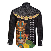 Hawaii Plumeria Lei Long Sleeve Button Shirt Tiki and Kakau Pattern Black Color