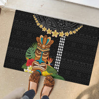 Hawaii Plumeria Lei Rubber Doormat Tiki and Kakau Pattern Black Color