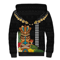 Hawaii Plumeria Lei Sherpa Hoodie Tiki and Kakau Pattern Black Color