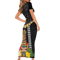 Hawaii Plumeria Lei Short Sleeve Bodycon Dress Tiki and Kakau Pattern Black Color