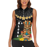 Hawaii Plumeria Lei Women Sleeveless Polo Shirt Tiki and Kakau Pattern Black Color