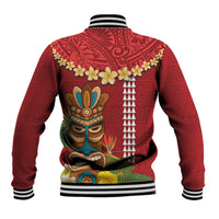 Hawaii Plumeria Lei Baseball Jacket Tiki and Kakau Pattern Red Color