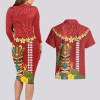 Hawaii Plumeria Lei Couples Matching Long Sleeve Bodycon Dress and Hawaiian Shirt Tiki and Kakau Pattern Red Color