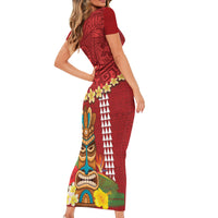 Hawaii Plumeria Lei Short Sleeve Bodycon Dress Tiki and Kakau Pattern Red Color