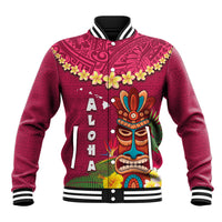 Hawaii Plumeria Lei Baseball Jacket Tiki and Kakau Pattern Pink Color