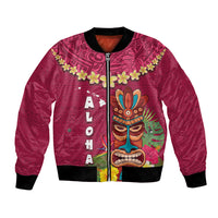 Hawaii Plumeria Lei Bomber Jacket Tiki and Kakau Pattern Pink Color
