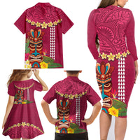 Hawaii Plumeria Lei Family Matching Long Sleeve Bodycon Dress and Hawaiian Shirt Tiki and Kakau Pattern Pink Color LT03 - Polynesian Pride