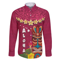 Hawaii Plumeria Lei Family Matching Long Sleeve Bodycon Dress and Hawaiian Shirt Tiki and Kakau Pattern Pink Color LT03 Dad's Shirt - Long Sleeve Pink - Polynesian Pride