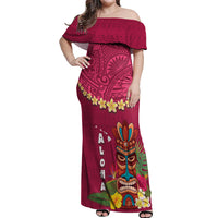 Hawaii Plumeria Lei Off Shoulder Maxi Dress Tiki and Kakau Pattern Pink Color