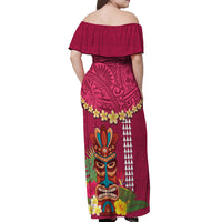 Hawaii Plumeria Lei Off Shoulder Maxi Dress Tiki and Kakau Pattern Pink Color