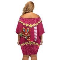 Hawaii Plumeria Lei Off Shoulder Short Dress Tiki and Kakau Pattern Pink Color