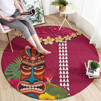 Hawaii Plumeria Lei Round Carpet Tiki and Kakau Pattern Pink Color