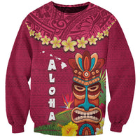 Hawaii Plumeria Lei Sweatshirt Tiki and Kakau Pattern Pink Color