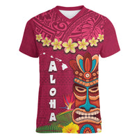 Hawaii Plumeria Lei Women V-Neck T-Shirt Tiki and Kakau Pattern Pink Color