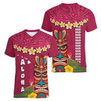 Hawaii Plumeria Lei Women V-Neck T-Shirt Tiki and Kakau Pattern Pink Color