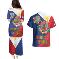 Philippines MassKara Couples Matching Puletasi and Hawaiian Shirt Filipino Carnival Mask and Polynesian Pattern