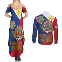 Philippines MassKara Couples Matching Summer Maxi Dress and Long Sleeve Button Shirt Filipino Carnival Mask and Polynesian Pattern