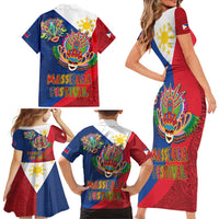 Philippines MassKara Family Matching Short Sleeve Bodycon Dress and Hawaiian Shirt Filipino Carnival Mask and Polynesian Pattern