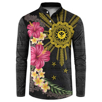 Hawaii and Philippines Together Button Sweatshirt Hibiscus Flower and Sun Badge Polynesian Pattern Coloful