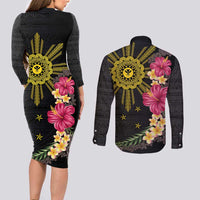 Hawaii and Philippines Together Couples Matching Long Sleeve Bodycon Dress and Long Sleeve Button Shirt Hibiscus Flower and Sun Badge Polynesian Pattern Coloful