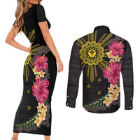 Hawaii and Philippines Together Couples Matching Short Sleeve Bodycon Dress and Long Sleeve Button Shirt Hibiscus Flower and Sun Badge Polynesian Pattern Coloful