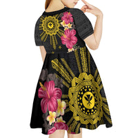 Hawaii and Philippines Together Kid Short Sleeve Dress Hibiscus Flower and Sun Badge Polynesian Pattern Coloful