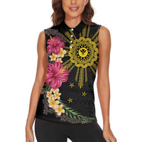 Hawaii and Philippines Together Women Sleeveless Polo Shirt Hibiscus Flower and Sun Badge Polynesian Pattern Coloful
