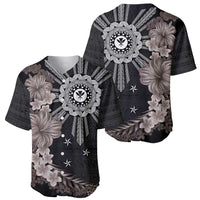 Hawaii and Philippines Together Baseball Jersey Hibiscus Flower and Sun Badge Polynesian Pattern Grayscale