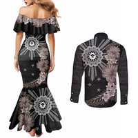 Hawaii and Philippines Together Couples Matching Mermaid Dress and Long Sleeve Button Shirt Hibiscus Flower and Sun Badge Polynesian Pattern Grayscale