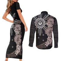 Hawaii and Philippines Together Couples Matching Short Sleeve Bodycon Dress and Long Sleeve Button Shirt Hibiscus Flower and Sun Badge Polynesian Pattern Grayscale