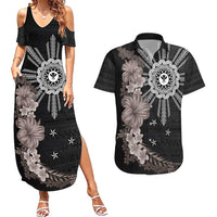Hawaii and Philippines Together Couples Matching Summer Maxi Dress and Hawaiian Shirt Hibiscus Flower and Sun Badge Polynesian Pattern Grayscale