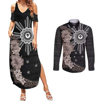 Hawaii and Philippines Together Couples Matching Summer Maxi Dress and Long Sleeve Button Shirt Hibiscus Flower and Sun Badge Polynesian Pattern Grayscale