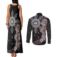 Hawaii and Philippines Together Couples Matching Tank Maxi Dress and Long Sleeve Button Shirt Hibiscus Flower and Sun Badge Polynesian Pattern Grayscale