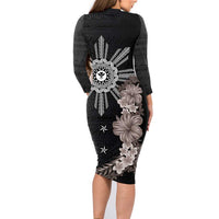 Hawaii and Philippines Together Family Matching Long Sleeve Bodycon Dress and Hawaiian Shirt Hibiscus Flower and Sun Badge Polynesian Pattern Grayscale
