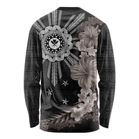 Hawaii and Philippines Together Long Sleeve Shirt Hibiscus Flower and Sun Badge Polynesian Pattern Grayscale