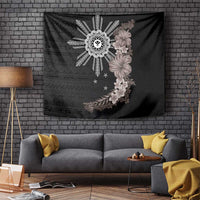 Hawaii and Philippines Together Tapestry Hibiscus Flower and Sun Badge Polynesian Pattern Grayscale