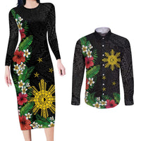 Tropical Hawaii and Philippines Couples Matching Long Sleeve Bodycon Dress and Long Sleeve Button Shirt Kanaka Maoli and Sun Badge Batok Tattoo Colorful